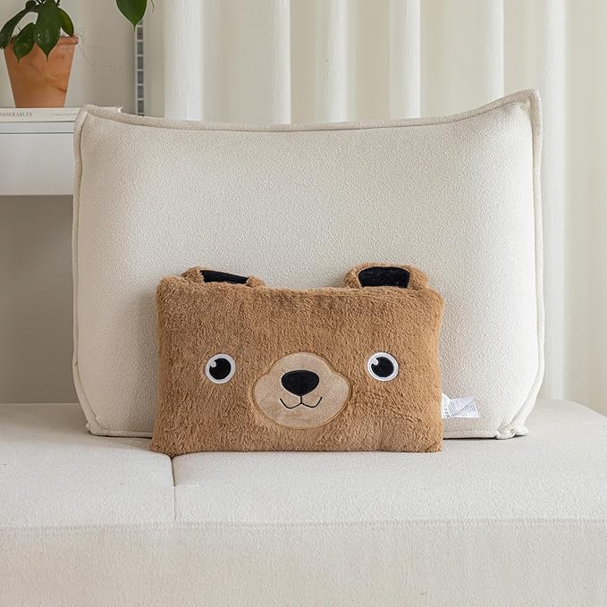 Stuffed Animal Lumbar Pillow, Super Soft Plush Cuddle Throw Pillow for Kids, Cute Bear Pillow, 10 x 16 Inches, Brown