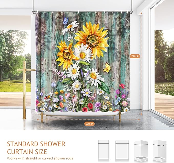 Vimorco Sunflower Shower Curtain, Butterfly Shower Curtains for Bathroom, Waterproof Quick-Dry Polyester Fabric Shower Curtain, Daisy Floral Bathroom Set, Bath Curtain Decor, 12 Hooks, 72''x 72''