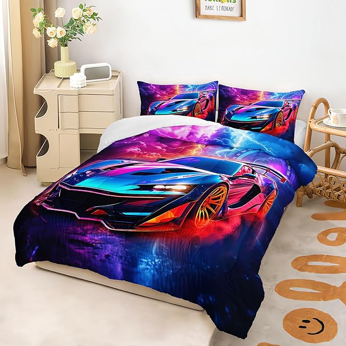 AILONEN Kids Race Car Bedding Set Twin Size,Red and Blue Speed Extreme Sport Racing Car Comforter Set for Boys Teen,3 Piece Soft Racer Duvet with 2 Pillowcases