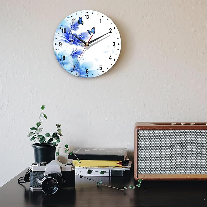 SPUNKER Clocks for Living Room,Blue Butterfly 10 Inch Wall Clock,Lily Flower Small Battery Operated Wall Clocks Decorative for Kitchen/Living Room/Bedroom/Bathroom/Dining Room