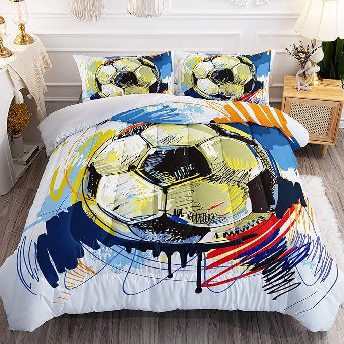 BSNTHO Soccer Comforter Set Boys Sports Bedding Set Twin Size for Kids Teens Hand Drawn Football Graffiti Style Comforter Design 3 Piece with 1 Comforter 2 Pillowcases