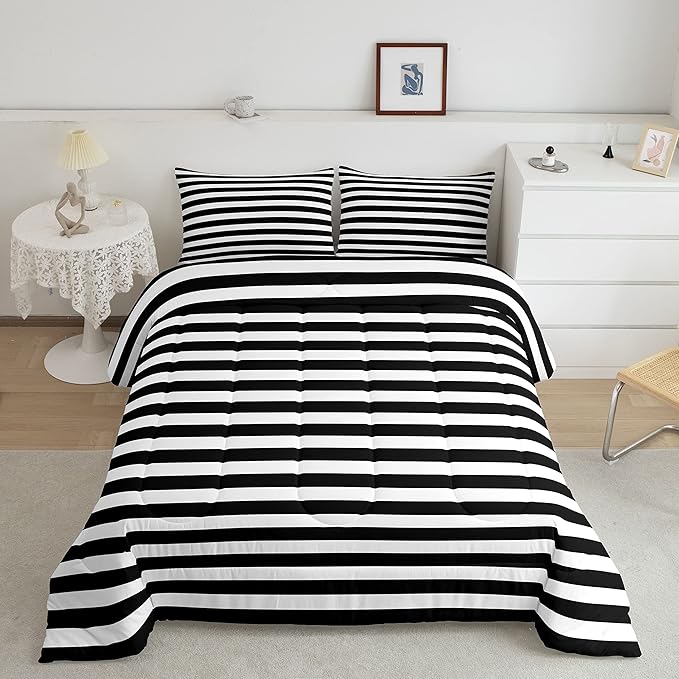Striped Comforter Set Black and White Stripe Bedding Set Twin Kids Boys Girls Women Men Farmhouse Ticking Stripes Duvet Set Modern Geometric Lines Adults Abstract Gothic Home Decor Soft Reversible