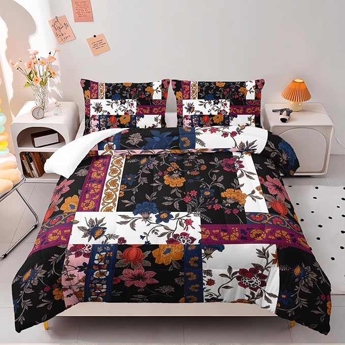 Boho Floral Comforter Set Queen Size Checkered Flower Bedding Sets 3PCS for Kids Teen Adult Retro Flowers Room Decor Ultra-Soft Lightweight Microfiber 1 Comforter with 2 Pillowcases