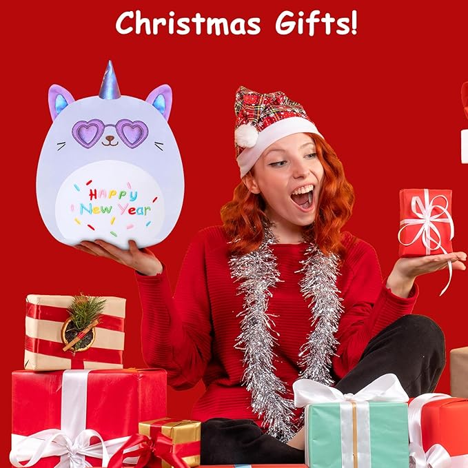 SQEQE Cat Plush Unicorn Cat Stuffed Animal Toy Happy New Year Plushies Kawaii Animal Plushie Doll Gifts for Kids Christmas Party Decoration(Purple, 10 Inch)