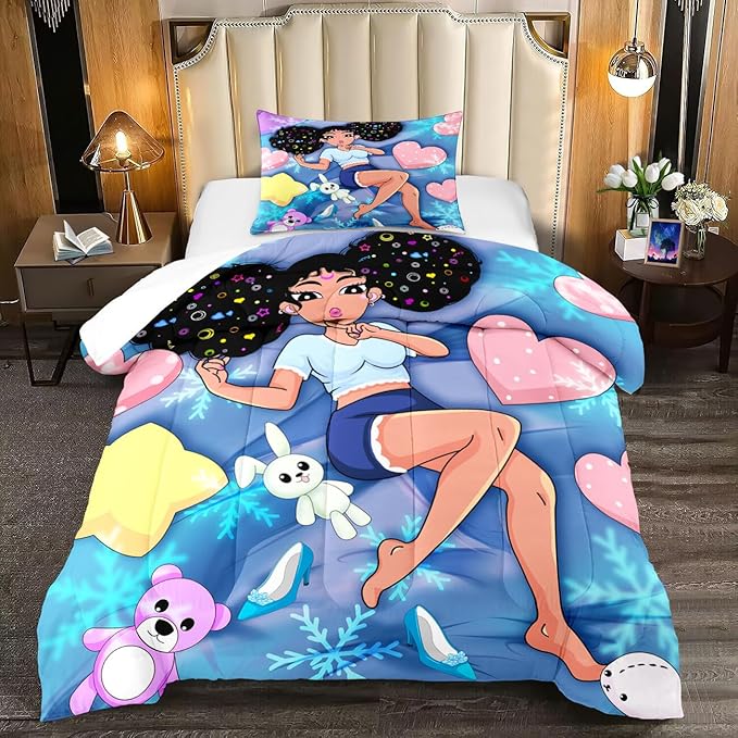 Black Girl Comforter Set - Twin Comforter Set for Girls - African American Comforter Sets for Girls Kids Comforter Sets 2 Piece Blue Pretty Girl with Love Prints Bedding with 1 Pillowcase