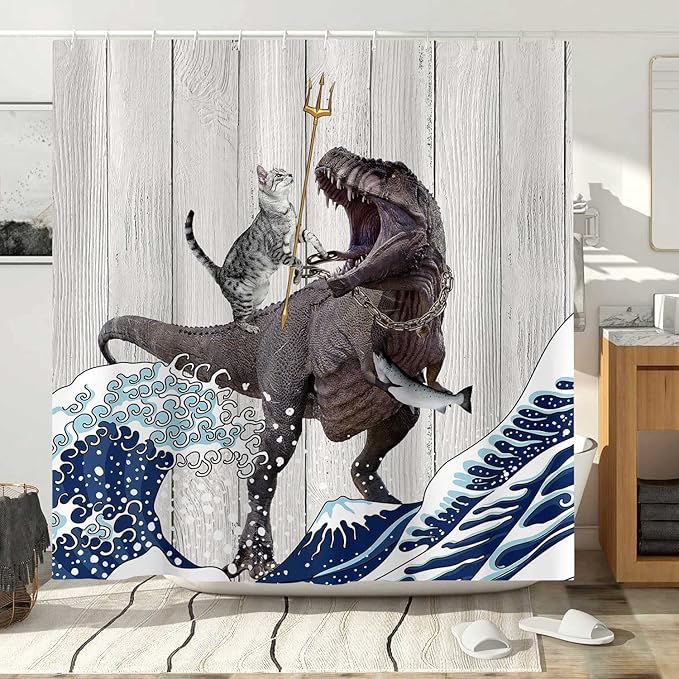 Torich Funny Cat Shower Curtain Set, Cool Cat Dinosaur Japanese Ocean Wave Decor Fabric Bathroom Curtains, Fun Kids Children Animal Rustic Wooden Farmhouse Decor Polyester 72X84in