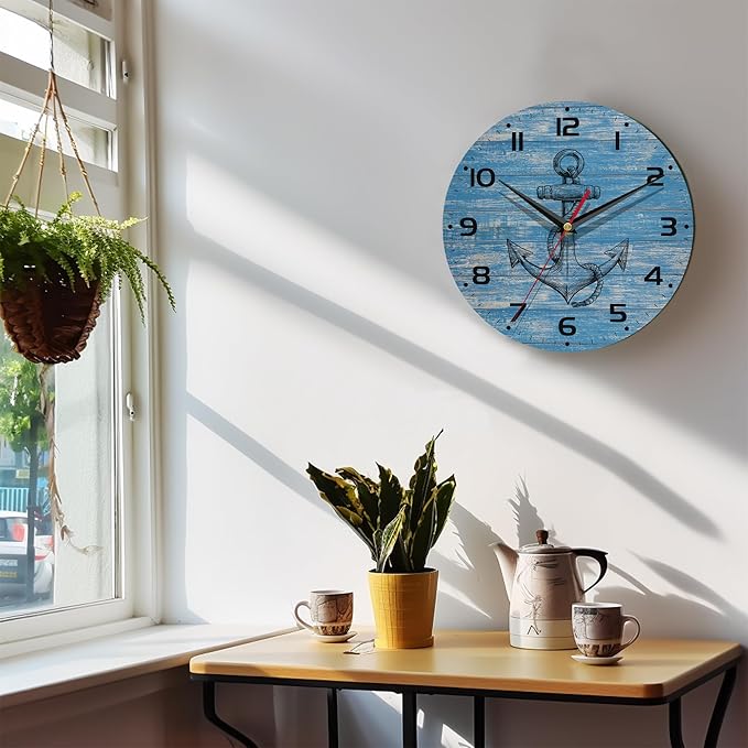 Wall Clock, 10 Inch Silent Non-Ticking Home Kitchen Decor, Battery Operated for Bathroom Bedroom Living Room Office(Vintage Blue Nautical Anchor)