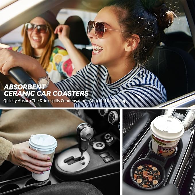 Absorbent Ceramic Car Coasters for Cup Holders, Yak Highland Cow Flower Design 2.56" Anti Slip Universal Drink Cup Coasters for Women Men (2 Pack)