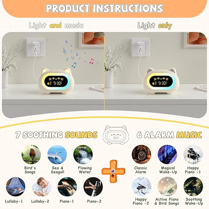 winshine Kids Alarm Clock, Ok to Wake Clock for Kids, Toddler Sleep Training Clock with Eye Protection, 10 Night Lights, Dual Alarms, Child Lock, Snooze, Timer - Cute Cat Clock for Girls and Boys