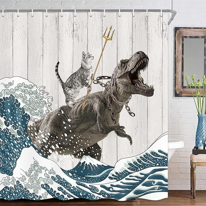 Boziqr Funny Cat Shower Curtain, Cool Cat Dinosaur Japanese Ocean Wave Decor Fabric Bathroom Curtains, Kids Children Rustic Wooden Farmhouse Shower Curtain, 70X70 Inches