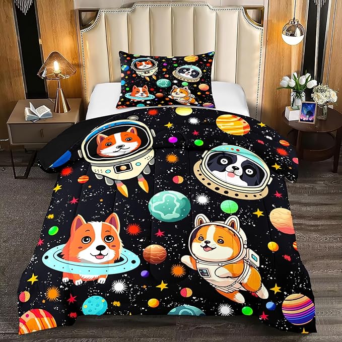 Space Dog Comforter Set - Cute Dog Twin Bedding Set for Kids Girls Boys Cartoon Dog Astronaut Prints Comforter Set Funny Outer Space Dog Bedding Sets for Kids Room Decor, 1 Comforter+1 Pillowcase