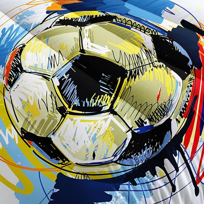 BSNTHO Soccer Comforter Set Boys Sports Bedding Set Queen Size for Kids Teens Hand Drawn Football Graffiti Style Comforter Design 3 Piece with 1 Comforter 2 Pillowcases