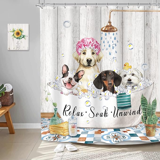 SVBright Funny Dog Shower Curtain 72Wx72L Inch Farmhouse Vintage Cute Animals Puppy Shower Wooden Plank Bubbles Rustic 12 Pack Hooks Polyester Waterproof Fabric Bathroom Bathtub Panels