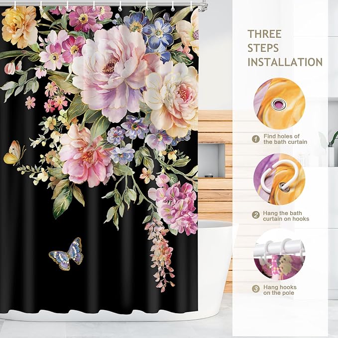 Vimorco Flower Butterfly Shower Curtain, Black Shower Curtains for Bathroom, Waterproof Quick-Dry Polyester Fabric Flower Shower Curtain, Floral Bath Curtain Bathroom Decor, 12 Hooks