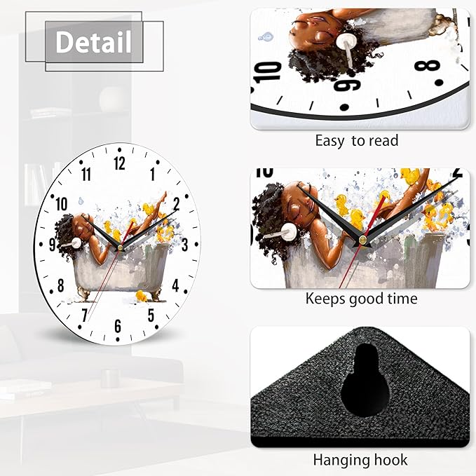 SPUNKER Wall Clocks,African Woman Bath Wall Clocks,Yellow Duck Battery Operated Wall Clock Silent Non-Ticking Decorative for Home Kitchen Bathroom Living Room Bedroom Office 10 Inch