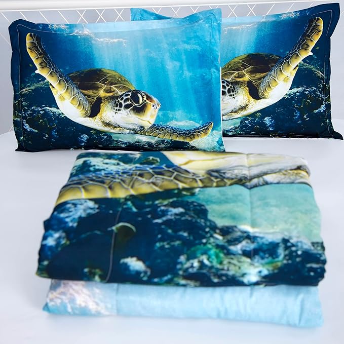 Turtle Comforter Set Twin Size Sea Bedding Set Ocean Animals Blanket Tortoise Comforters for Kids Boys Girls Bedroom Decoration