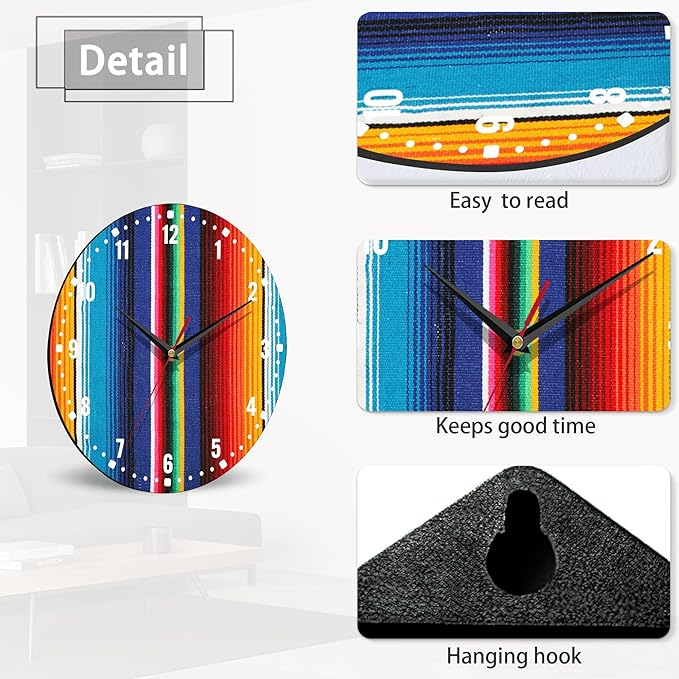 SPUNKER Wall Clocks,Colorful Mexican Wall Clocks for Living Room Decor,Stripes Lines Art Kitchen Clocks Wall Battery Operated - 10 Inch Round Bathroom Wall Clock Silent Non-Ticking