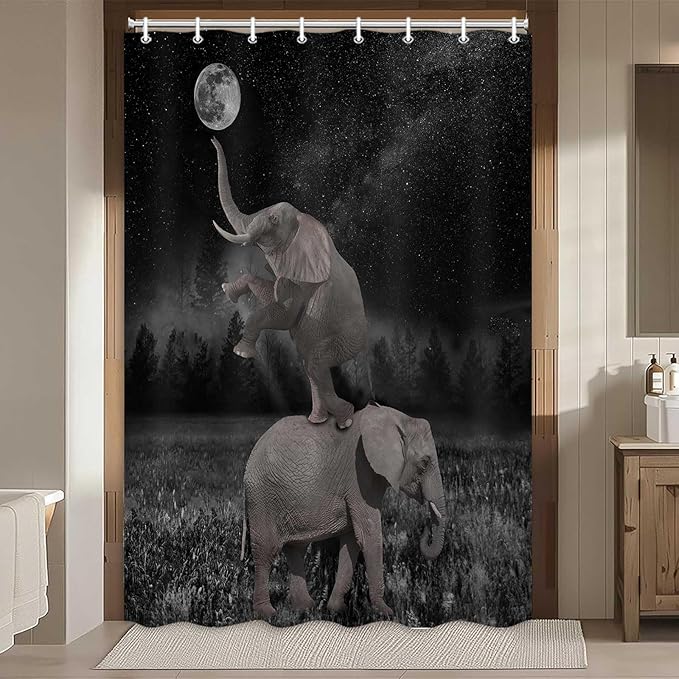 Boziqr Funny Shower Curtains for Bathroom, Cute Elephant Moon Forest Bath Curtain, Rustic Farmhouse Decor Polyester Fabric Fun Cool Animals Black 48 x 70 Inches