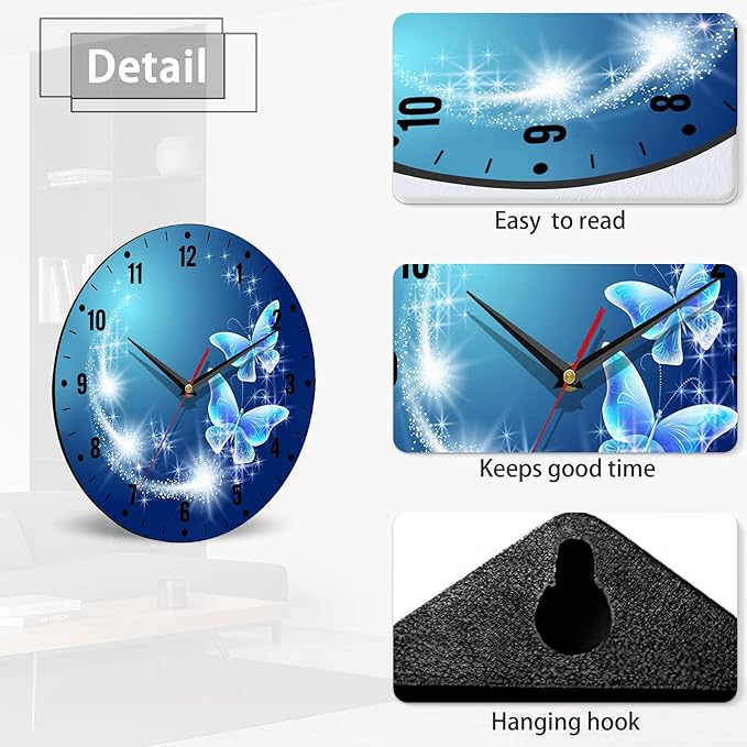 SPUNKER Wall Clock,Blue Glowing Butterflies Kitchen Wall Clock,Stars Clocks 10 Inch Silent Non-Ticking Wall Battery Operated for Living Room Bedroom Bathroom Laundry Room Decor