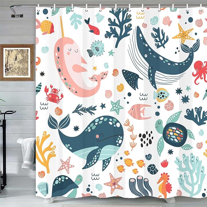 Torich Kids Shower Curtain for Bathroom, Whale Fish Baby Cartoon Ocean Creatures Animals Decor Bath Curtains, Cute Sea Fishes Coral Underwater Boys Girls Child Fabric Waterproof with 12 Hooks