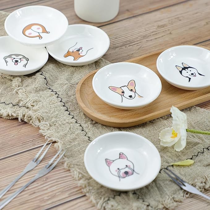 Super Cute Cartoon Animal Pattern Ceramic Sauce Dish/Seasoning Dish/Sushi Soy Dipping Bowl/Appetizer Plates/Serving Dish for Kitchen Home(Set of 6)-Dog Heads