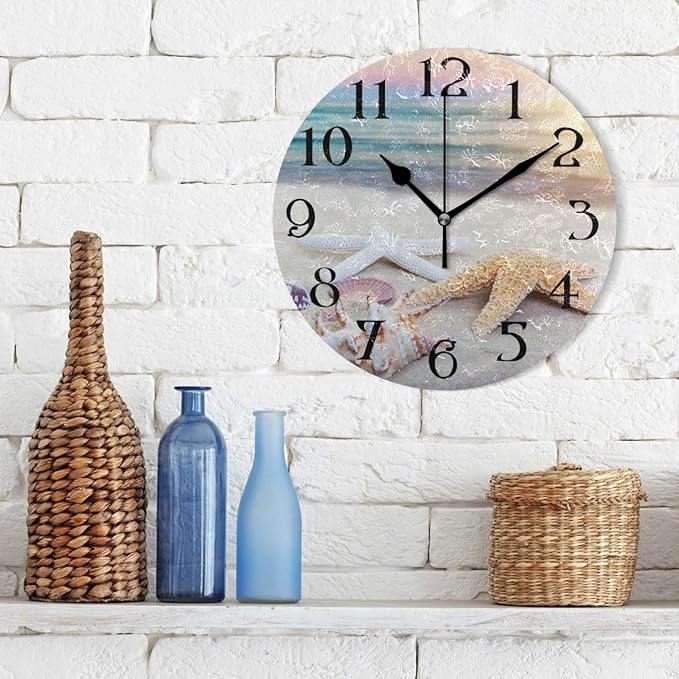 Starfish Sea Wall Clock 9.5 Inch Non Ticking Silent Clocks 3D Summer Beach Round Bathroom Clock Battery Operated Quartz Analog Decorative Desk Clock for Living Room