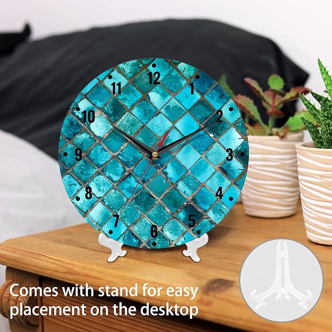 SPUNKER Clocks for Living Room,Turquoise Geometric Kitchen Wall Clock,Teal Mosaic Clocks 10 Inch Silent Non-Ticking Wall Battery Operated for Living Room Bedroom Bathroom Laundry Room Decor