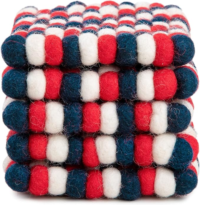 Square Felt Ball Coasters - 100% Merino Wool Table Coasters - Felt Coaster Pads, Absorbent Trivet for Drinks - Heat Resistant, Thick & Durable Hand Felted in Nepal by Woolygon- Multicolor - Set of 5
