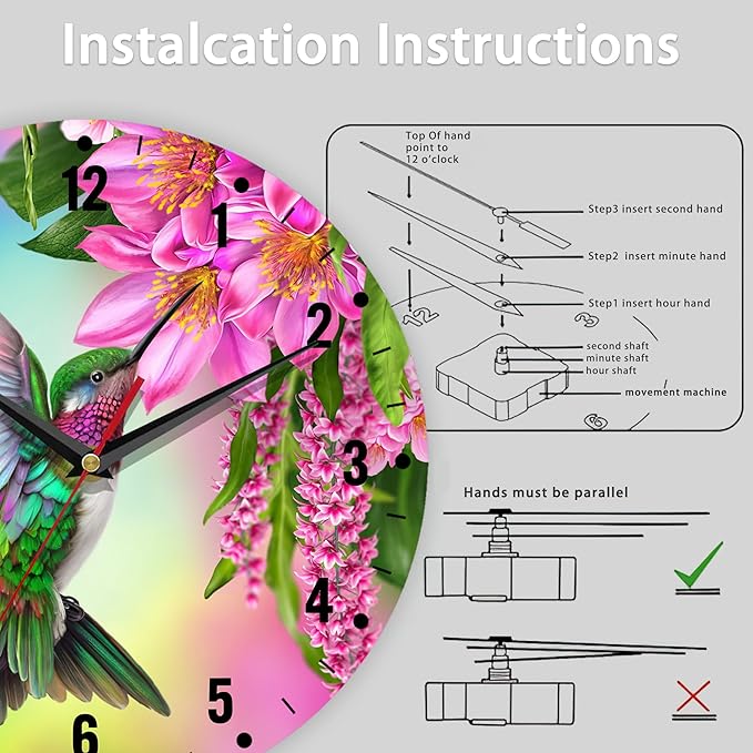 SPUNKER Clocks for Living Room,Hummingbird Wall Clock Battery Operated 10 Inch,Tropical Bird Red Flowers Round Clock Silent Non-Ticking Wall Decor for Farmhouse Office Home School Living Room Bedroom