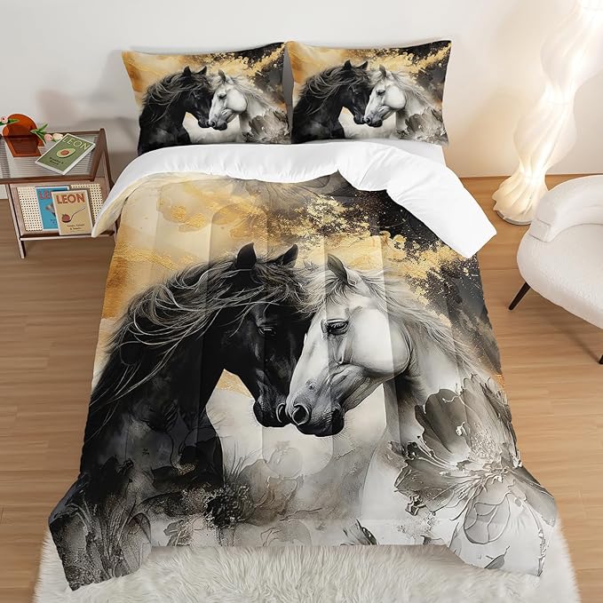 Black White Horses Comforter Set Queen Size,Golden Ink Painting Flora Bedding Set for Kids and Adults Bedroom Horse Decor,Wild Animal Theme Art Aesthetics Comforter Set with 2 Pillowcases.