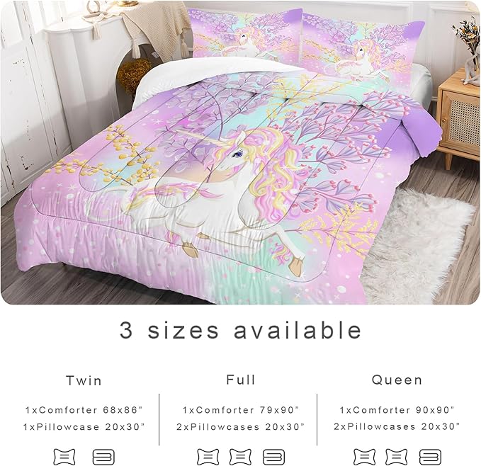 Unicorn Comforter Set Twin: Pink Purple Rainbow Unicorn Twin Bedding Sets for Girls Stars Cute Quilt Bed Set for Kids Teens Toddler Room Decor 1 Comforter & 1 Pillowcase