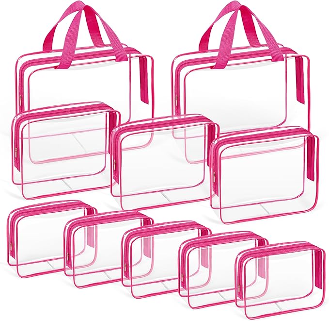 TISRATOK 10 PCS Clear Travel Makeup Toiletry Bag, Plastic PVC Cosmetic TSA Approved Organizer Kit with Zipper Handbag(Rose Red)