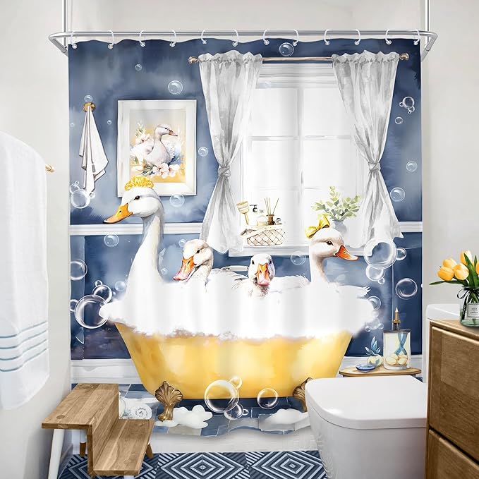 SVBright Funny Kids Shower Curtain 60Wx72L Inch Cute Duck Farmhouse Animal in Bathtub Blue Cartoon Lovely Modern Hilarious 12 Pack Hooks Polyester Waterproof Fabric Bathroom Bathtub Panels