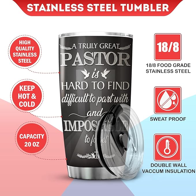 Stainless Steel Tumbler A Truly Great Pastor Is Hard To Find Mug With Lid 20oz Christian Gift Things For Pastors Ministers Preachers Insulated Cup Religious Themed Gifts