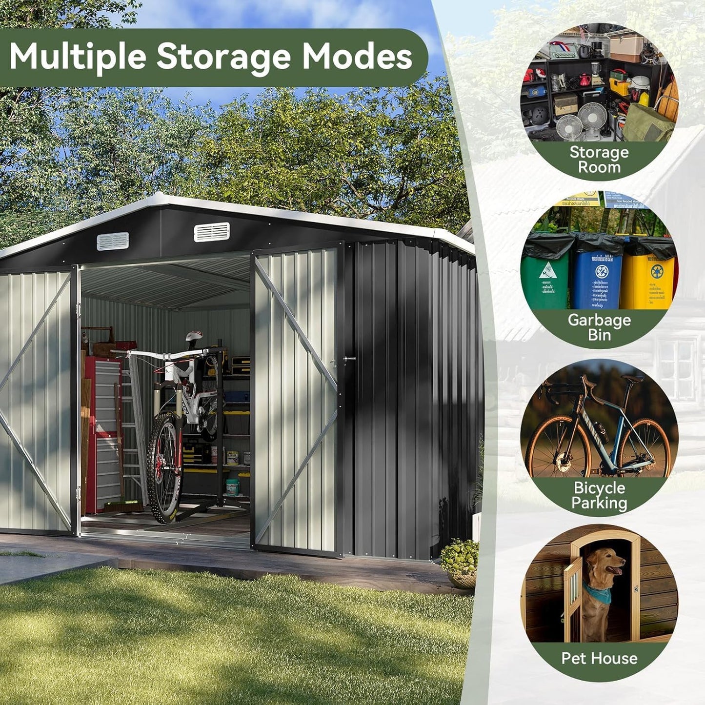 10x10 FT Shed Outdoor Storage Shed with Base, Large Shed Steel Utility Tool Shed Storage House with Door & Lock, Metal Sheds with Sloped Roof for Garden Patio Poolside, Black