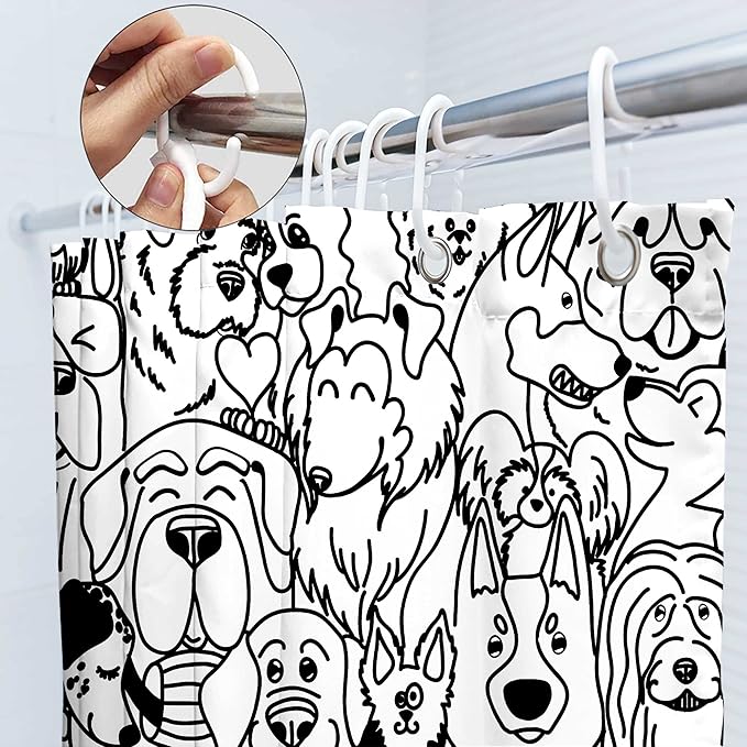 SVBright Funny Cute Dog Shower Curtain 60Wx72L Inch Cartoon Black and White Lovely Animals Silhouette for Kids Kawaii Cool Rustic 12 Pack Hooks Polyester Waterproof Fabric Bathroom Bathtub Panels