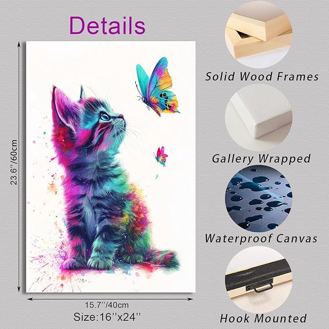 Ypxzzj Framed Butterfly Cat Canvas Wall Art & Decor for Cat Lover Gifts,Cat Wall Decor for Women Girls Bedroom Toddler Baby Room decoration,Cute Cat Poster for Nursery Home Decor