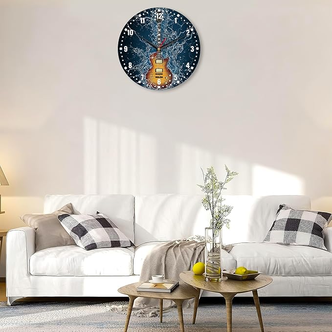SPUNKER Wall Clock,Electric Guitar Wall Clocks,Guitar in Water Battery Operated Wall Clock Silent Non-Ticking Decorative for Home Kitchen Bathroom Living Room Bedroom Office 10 Inch