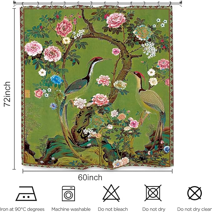 Vintage Flower Shower Curtain 60Wx72L Inch Crane Peony Vintage Retro Chinese Plant Botanical Green Blossom Japanese Art Bathroom Set Accessories Decor with 12 Pack Hooks