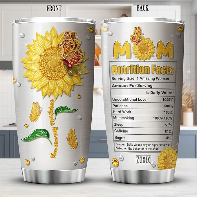 ZOXIX Mom Nutrition Facts Tumbler Sunflowers Butterfly Jewelry Style Funny Mothers Day Gift Ideas Stainless Steel Cup With Lid 20oz Mimi Mama Gifts For Birthday Sunflower Tumblers