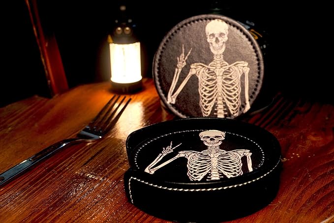 Skull Coasters for Drinks with Holder Leather Coasters Set of 6 Table Decor Protect Furniture from Water Marks Scratch and Damage