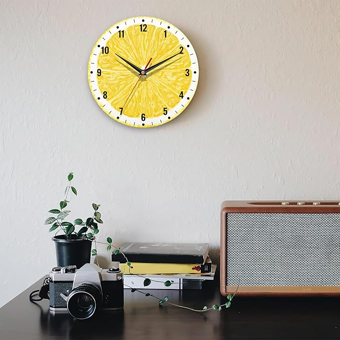SPUNKER Wall Clocks,Lemon Yellow Fruits 10 Inch Wall Clock,Summer Small Battery Operated Wall Clocks Decorative for Kitchen/Living Room/Bedroom/Bathroom/Dining Room