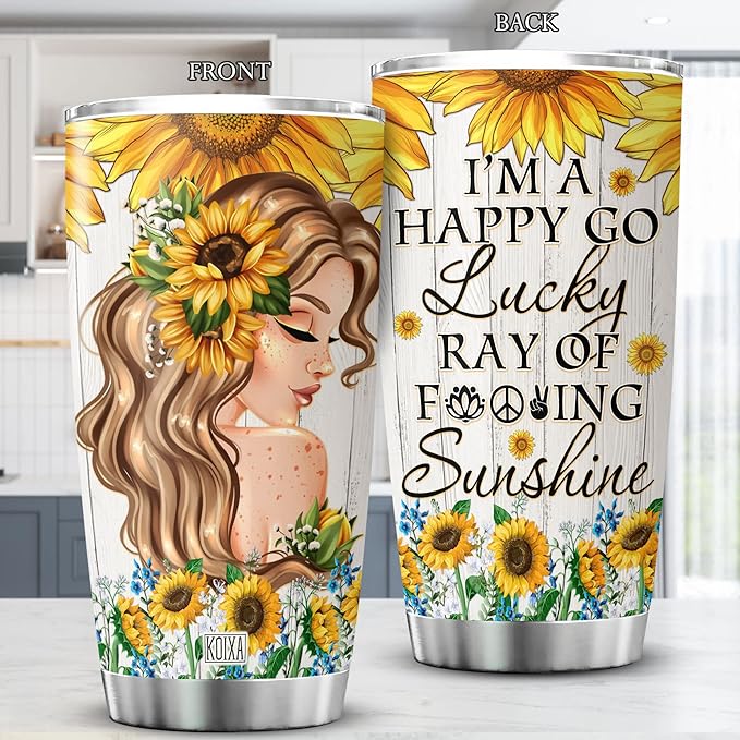 Sunflower Girl Tumbler With Lid 20oz Im A Happy Go Lucky Ray Of Sunshine Vintage Sunflowers Flowers Stainless Steel Coffee Cup Sunflower Things For Teen Girls Insulated Mug