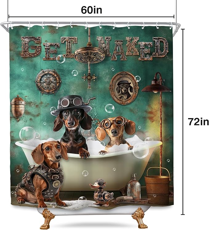 SVBright Funny Dachshund Shower Curtain 60Wx72L Inch Kids Cute Dog Puppy Bathing in Bathtub Vintage Animal Hilarious Cool Pet Boy 12 Pack Hooks Polyester Waterproof Fabric Bathroom Bathtub Panels