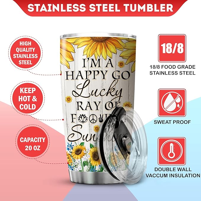 Sunflower Girl Tumbler With Lid 20oz Im A Happy Go Lucky Ray Of Sunshine Vintage Sunflowers Flowers Stainless Steel Coffee Cup Sunflower Things For Teen Girls Insulated Mug