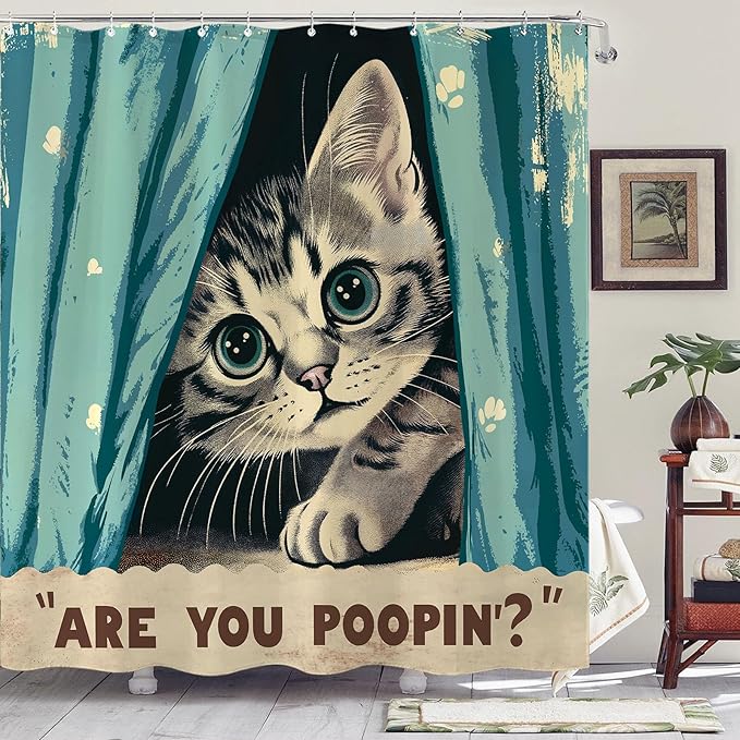 Yeoiat Funny Cat Shower Curtain, are You Poopin' Curious Kitty Whimsical Joke Humor Themed, Shower Curtain Set with 12 Hooks for Bathroom Decor (Green, 72"x72")