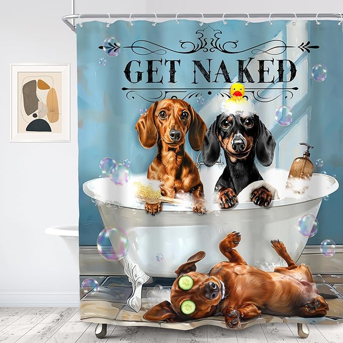 SVBright Funny Dachshund Dog Shower Curtain 60Wx72L Inch Kids Cute Animal Puppy Bathing in Bathtub Bubbles Hilarious Lovely Pet Boy 12 Pack Hooks Polyester Waterproof Fabric Bathroom Bathtub Panels