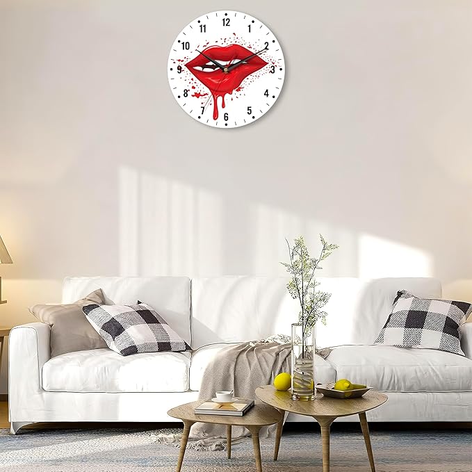 SPUNKER Clock for Bedroom,Red Lip Wall Clocks,Woman Sexy Biting Lips Battery Operated Wall Clock Silent Non-Ticking Decorative for Home Kitchen Bathroom Living Room Bedroom Office 10 Inch