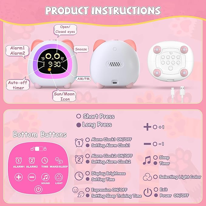 winshine Alarm Clock for Kids, OK to Wake Clock, Kids Alarm Clock with Night Light, Stay in Bed Clock Sleep Training, Nap Timer Cute Kids Room Decor, Gift Ideas for Kids Toddler Boy Girl (Pink)