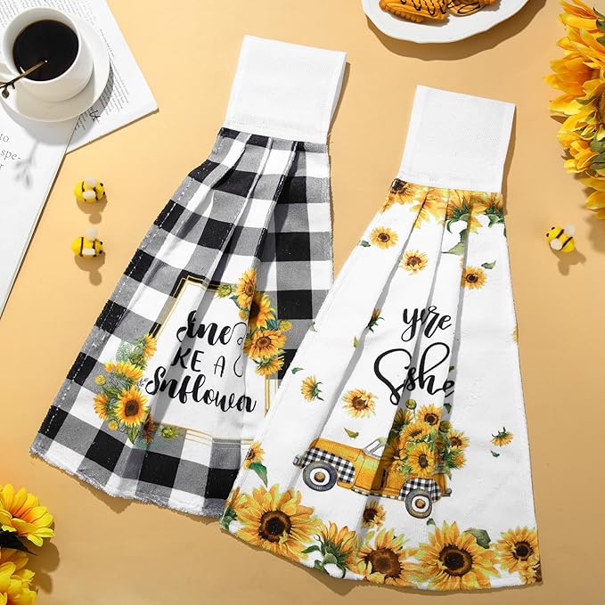 Sratte 4 Pcs Sunflower Hanging Kitchen Towels Hand Towels with Hanging Loop Summer Buffalo Plaid Gnomes Sunshine Dish Towels Bath Absorbent Oven Stove Wash Cloth for Home Decorative Housewarming Gift